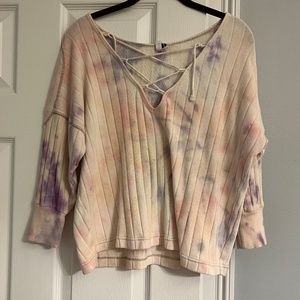 Free People 'We the Free' Tie Dye Steffi Ribbed Rugby Lace Up Pullover Top